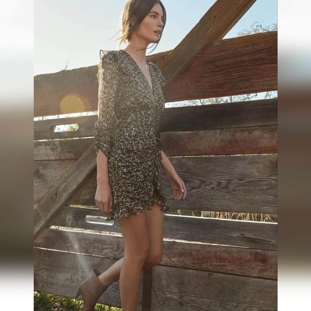 ASTR XS The Label Kimbra Dress Mini Ruched Floral Long Sleeve Ruffle V Neck - Picture 6 of 14